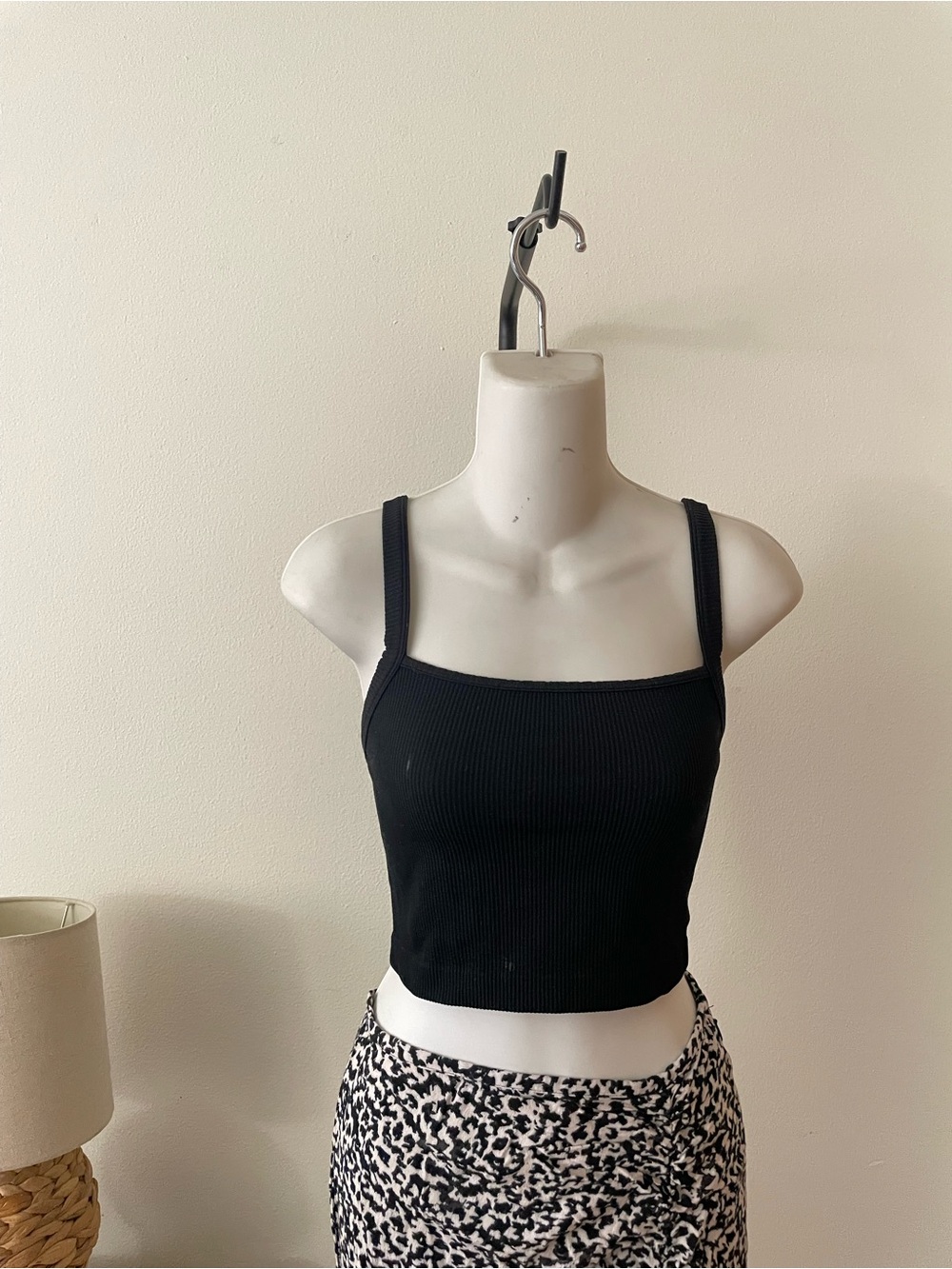 Black Ribbed Square Neck Tank Top - Women